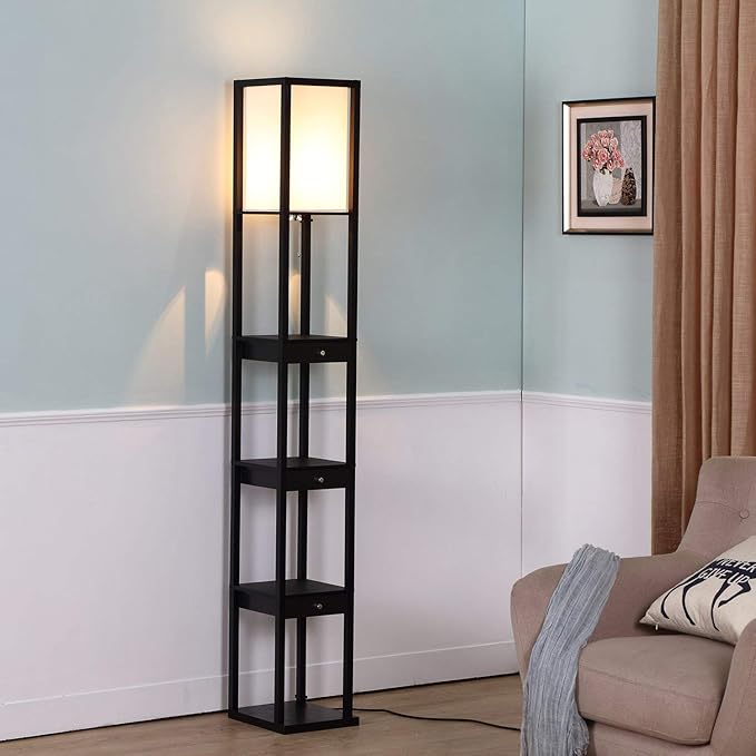 Brightech Maxwell Drawer Edition - Modern Shelf Floor Lamp with Drawer - Corner Display Floor Lamps with Shelves for Living Room, Bedroom and Office - Black - LeafyLoom