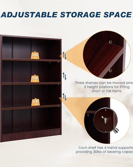 Farini Mahogany Bookshelf for Bedroom 4 Shelf Office Bookcase 48 Inches Tall Modern Wood Bookshelf for Living Room 4 Tier Wide Manga Bookshelf Library Bookcase - LeafyLoom