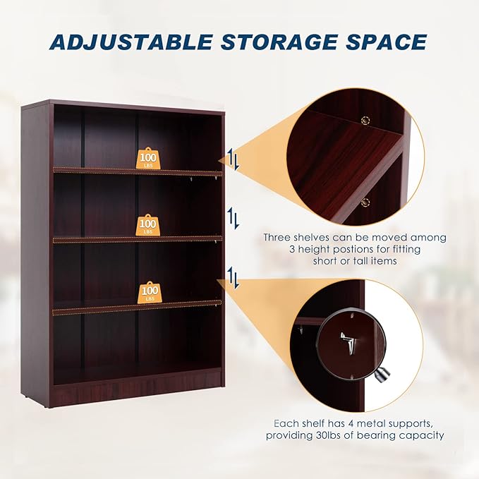 Farini Mahogany Bookshelf for Bedroom 4 Shelf Office Bookcase 48 Inches Tall Modern Wood Bookshelf for Living Room 4 Tier Wide Manga Bookshelf Library Bookcase - LeafyLoom