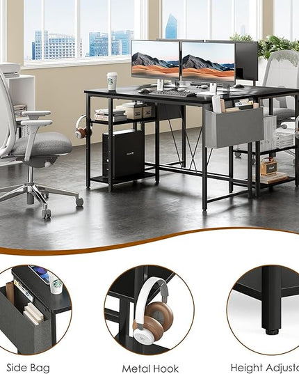 Computer Desk, 47.2” Home Office Desks, Modern Small Desk for Bedroom, Gaming Desk with Iron Hook and Height Adjustable Feet, Sturdy Student Writing Desk with Storage Bag, Storage Shelves - LeafyLoom