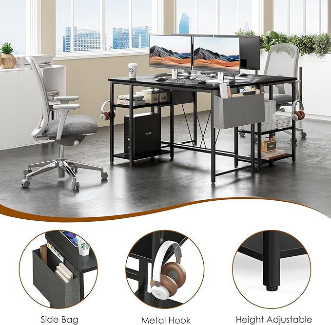 Computer Desk, 47.2” Home Office Desks, Modern Small Desk for Bedroom, Gaming Desk with Iron Hook and Height Adjustable Feet, Sturdy Student Writing Desk with Storage Bag, Storage Shelves - LeafyLoom