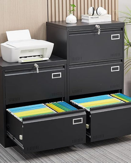 2 Drawer Lateral Lock and Card Holder, Multifunctional Metal Filing Cabinets w/Heavy 3 Section Slide Rail & Breathable Holes,for Legal/Letter/A4,Black - LeafyLoom