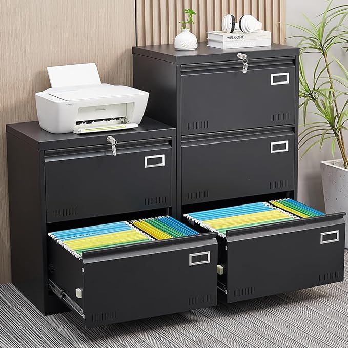 2 Drawer Lateral Lock and Card Holder, Multifunctional Metal Filing Cabinets w/Heavy 3 Section Slide Rail & Breathable Holes,for Legal/Letter/A4,Black - LeafyLoom