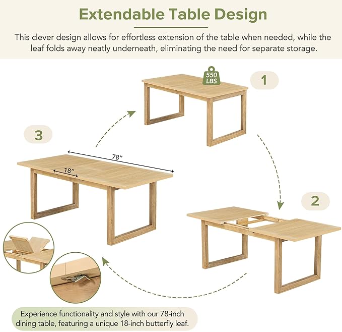 6-Piece Farmhouse Wood Extendable Dining Table Set with 18" Butterfly Leaf, 4 Upholstered Chairs and Versatile Long Bench, for Kitchen Room Furniture, Natural, 60"-78" L x 36" W x 30" H - LeafyLoom