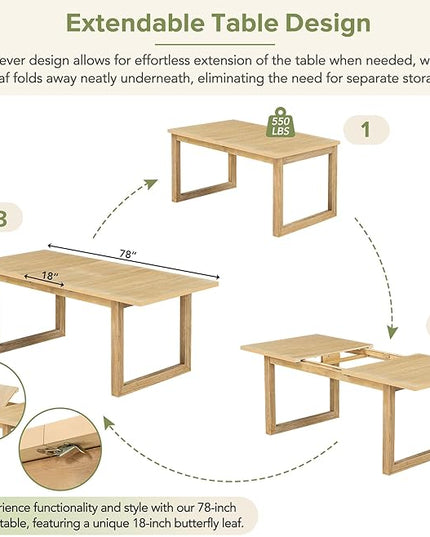 6-Piece Dining Set, Wood Extendable 78inch Kitchen Table with 18" Butterfly Leaf, 4 Upholstered Chairs & Long Bench, Natural, 60"-78" L x 36" W x 30" H - LeafyLoom