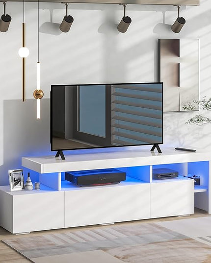 Merax Modern Style 16-Colored LED Lights TV Cabinet Up to 70 inch Television, UV High Gloss Surface Entertainment Center with DVD Shelf, 73.2" Length, White - LeafyLoom