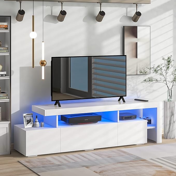 Merax Modern Style 16-Colored LED Lights TV Cabinet Up to 70 inch Television, UV High Gloss Surface Entertainment Center with DVD Shelf, 73.2" Length, White - LeafyLoom