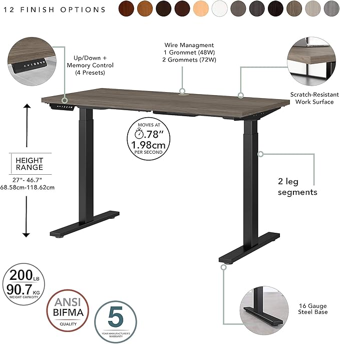 Bush Business Furniture Move 60 Electric Ergonomic Sit-Stand Computer Table for Home and Professional Office, 48W x 24D, Modern Hickory - LeafyLoom