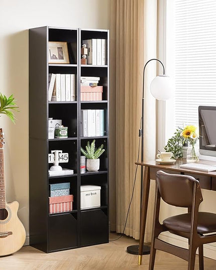 IBUYKE 6 Tier Tall Narrow Bookcase, Modern Black Corner Bookcase with Doors Storage,Cube Media Tower Rack,Cabinet,Floor Standing Display Storage Shelves for Small Spaces,for Home Office Black UWBC001B - LeafyLoom