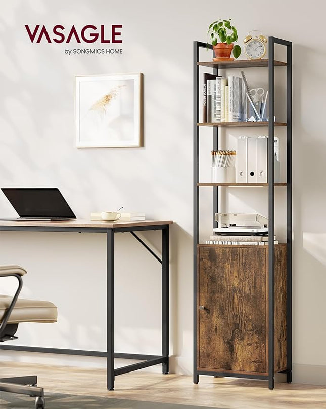 VASAGLE 6-Tier Bookshelf, Tall Bookcase with Door, Steel Frame, Adjustable Shelves, 9.4 x 15.7 x 62.8 Inches, Living Room Bedroom, Rustic Brown and Ink Black ULLS132K01 - LeafyLoom
