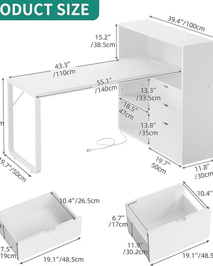 YITAHOME L Shaped Desk with Power Outlets & LED Lights & File Cabinet, 55" Corner Computer Desk with 3 Drawers & 3 Storage Shelves, Home Office Desk with Bookshelf, White - LeafyLoom