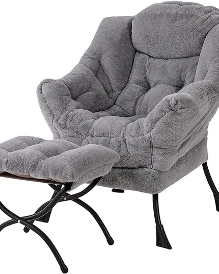 Welnow Lazy Chair with Ottoman, Modern Lounge Accent Chair with Armrests and a Side Pocket, Leisure Sofa Chair Set, Reading Chair with Footrest for Small Space, Corner Chair, Plush Grey - LeafyLoom