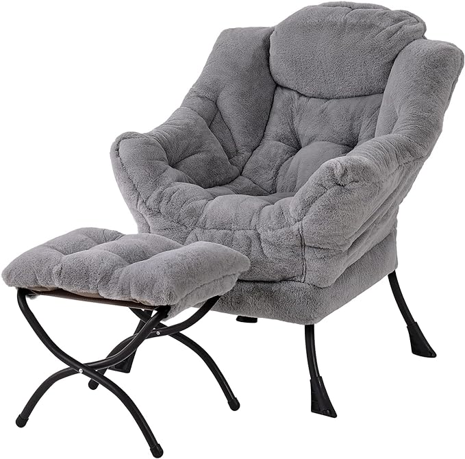 Welnow Lazy Chair with Ottoman, Modern Lounge Accent Chair with Armrests and a Side Pocket, Leisure Sofa Chair Set, Reading Chair with Footrest for Small Space, Corner Chair, Plush Grey - LeafyLoom