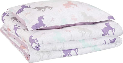 Amazon Basics Easy-Wash Microfiber Kid's 2-Piece Comforter and Pillow Sham Set, Animal Printed, Twin, Purple Unicorns - LeafyLoom