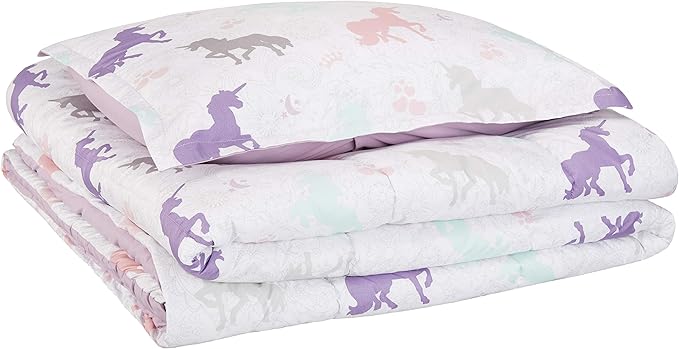Amazon Basics Easy-Wash Microfiber Kid's 2-Piece Comforter and Pillow Sham Set, Animal Printed, Twin, Purple Unicorns - LeafyLoom