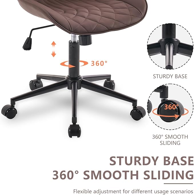YOUNIKE Desk Chair with Wheels Armless Office Chair Swivel Rolling Task Chair with Back Upholstered Faux Leather Computer Chair Height Adjustable Modern Ergonomic Seat, Loads 300 lbs, Brown - LeafyLoom