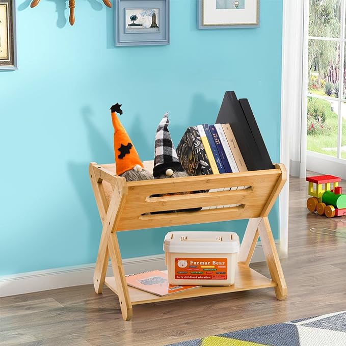 Okllen Kids' Book Caddy with Shelf, Bamboo Bookcase Book Storage Organizer, Book Rack Book Shelf Organizer for Toddlers, Bedroom, Playroom, Nursery, Sturdy, Including Installation Instruction - LeafyLoom