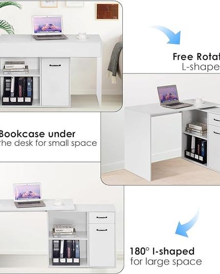 L-Shaped Rotating Computer Desk 68 inch with Storage Shelves Home Office Corner Desk with Drawers and File Cabinet Multipurpose Study Writing Table for Bedroom Small Space White - LeafyLoom