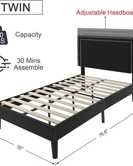 VECELO Twin Size Platform Bed Frame with Adjustable Upholstered Headboard, Modern Mattress Foundation, Strong Wood Slat Support, No Box Spring Needed, Easy Assembly - LeafyLoom