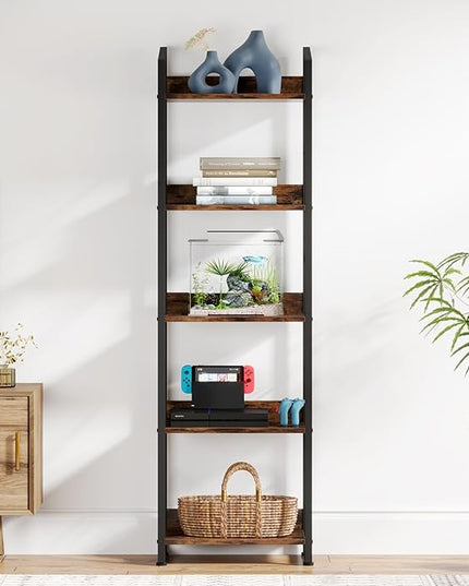 5 Tier Narrow Bookshelf: Tall Bookcase Book Shelf for Bedroom, Industrial Modern Bookshelves for Small Spaces (Rustic Brown) - LeafyLoom