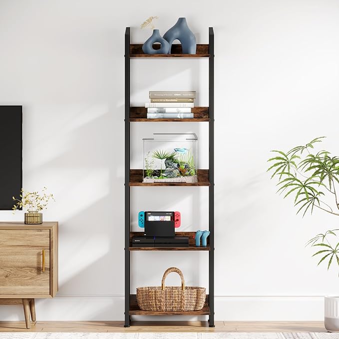 5 Tier Narrow Bookshelf: Tall Bookcase Book Shelf for Bedroom, Industrial Modern Bookshelves for Small Spaces (Rustic Brown) - LeafyLoom