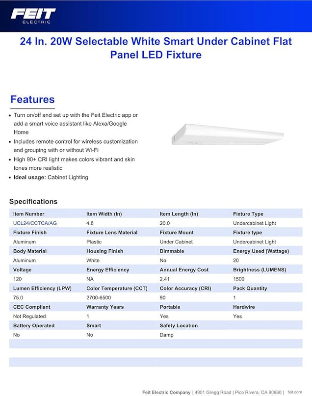 Feit Electric Under Cabinet Lighting 20" LED Light Fixture, Works with Alexa/Google Home, Frost Lens Kitchen Cupboard Night Light, Linkable up to 8, 20 Watts, 90 CRI, 1500 Lumens, White UCL24/CCTCA/AG FeitElectricCompany