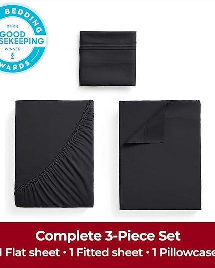 Mellanni Twin XL Sheets Set - 3 PC Iconic Collection Bedding Sheets & Pillowcases - Hotel Luxury, Extra Soft, Cooling Bed Sheets - Deep Pocket up to 16 inch (Twin Extra Long, Black) - LeafyLoom