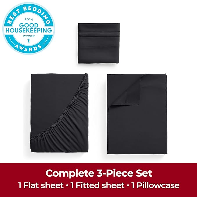 Mellanni Twin Sheets Set - 3 PC Iconic Collection Bedding Sheets & Pillowcases - Hotel Luxury, Extra Soft, Cooling Bed Sheets - Deep Pocket up to 16 inch (Twin, Black) - LeafyLoom