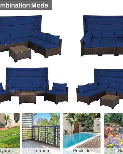 6 PCS Outdoor Patio Furniture Set,Sectional Sofa Set,Rattan Daybed with Retractable Canopy,Adjustable Backrest,Storage Coffee Table,Chaise Chair Sunbed for Garden Poolside Backyard(Dark Blue) - LeafyLoom