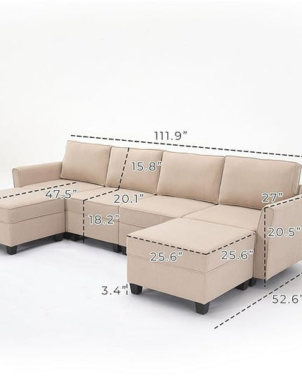 Modern Chenille Fabric U-Shaped 6 Seat Sectional Sleeper Couch with Reversible Chaise Modular Sofa with Storage, Large, Beige - LeafyLoom