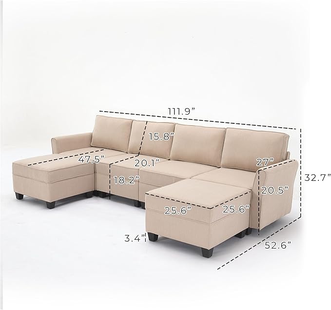 Modern Chenille Fabric U-Shaped 6 Seat Sectional Sleeper Couch with Reversible Chaise Modular Sofa with Storage, Large, Beige - LeafyLoom