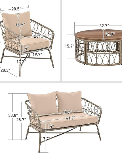 Merax Outdoor Patio Furniture Sets, Bohemia-Inspired Wicker Conversation Seating Group, with Soft Cushions and Wood Tabletop, 4 PCS, Beige - LeafyLoom