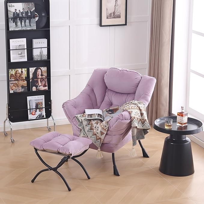 LITA Lazy Chair with Ottoman, Modern Accent Leisure Upholstered Sofa Chair, Contemporary Lounge Reading Chair with Armrests and a Side Pocket for Living Room, Bedroom & Small Space - LeafyLoom