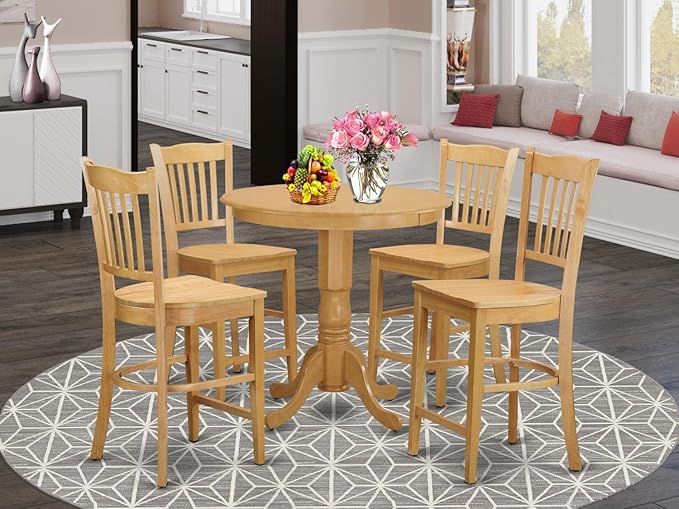 East West Furniture JAGR5-OAK-W 5 Piece Counter Height Dining Table Set Includes a Round Kitchen Table with Pedestal and 4 Dining Chairs, 36x36 Inch, Oak - LeafyLoom