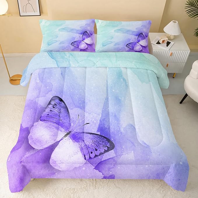 Butterfly Comforter Queen Size,Watercolor Butterfly Kids Comforter Set,3Pcs Bedding Set Printed Comforter with 2 Pillowcases,Down Alternative,Soft and Lightweight,for All Seasons - LeafyLoom