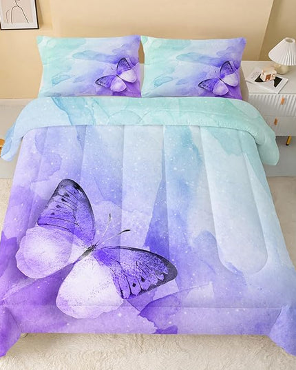 Butterfly Comforter Twin Size,Watercolor Butterfly Kids Comforter Set,3Pcs Bedding Set Printed Comforter with 2 Pillowcases,Down Alternative,Soft and Lightweight,for All Seasons - LeafyLoom