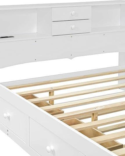 Full Size Wood Pltaform Trundle and 3 Drawers/Upper Shelves,Multifunctional Storage Bed Frame,W/a Set of USB Ports & Sockets,for Apartment,Bedroom,Living Room,White - LeafyLoom