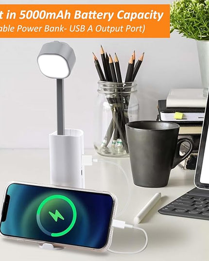 Small Desk Lamp, Mini Table Lamps for Home Office, Portable LED Flashlight/Book Light with USB Charging Port (5000MAH), Night Reading Light with Phone Holder/Eye Caring 3-Brightness Mode - LeafyLoom