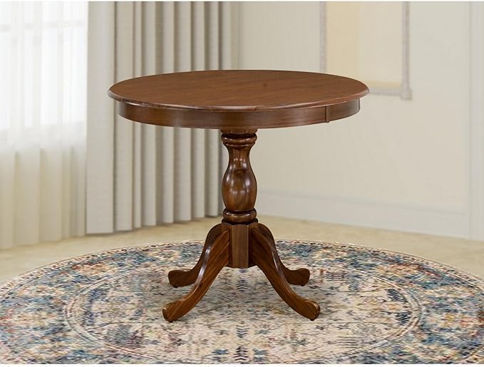 East West Furniture Antique Kitchen Round Dining Table Top with Pedestal Base, 36x36 Inch, Walnut - LeafyLoom