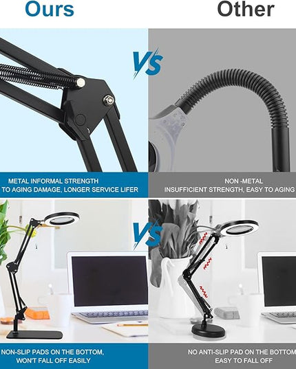 2-in-1 LED Magnifier Desk Lamp with Clamp,Magnifying Glass with Light and Stand,3 Color Modes Stepless Dimming, for Home Office Close Work, Repair, Crafts, Reading,Sewing - LeafyLoom