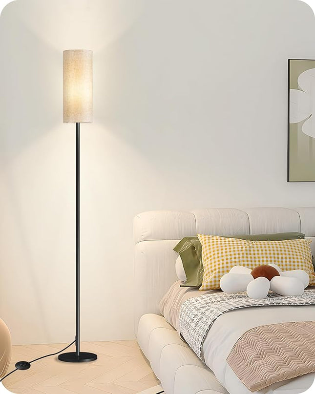 Dimmable Floor Lamp for Living Room, Corner Floor Lamp with Remote, 66'' Standing Tall Lamp, Linen Lampshade, 10W 800LM LED Bulb for Bedroom Study, FCC Listed, Black and Beige E06LD05 - LeafyLoom