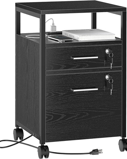 SUPERJARE File Cabinet with Lock & Charging Station, 2 Drawers Rolling Filing Cabinet, Office File Cabinet with Wheels & Open Shelf, for Home Office, A4/Letter Size Files Under Desk - Black - LeafyLoom