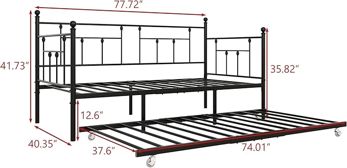 Twin Size Metal Daybed Frame with Trundle,Modern Multifunctional Platform Bed w/Slat Support and Retractable Support Tubes,Easy Assembly,for Guest Room,Bedroom,Living Room,Black - LeafyLoom