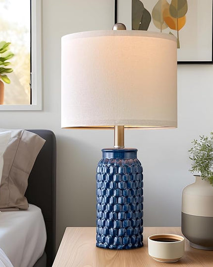 20.5 inches Modern Ceramic Dark Blue Bedside Lamp Set of 2 for Bedroom Decor Farmhouse Table Lamp for Living Room Office Dorm - LeafyLoom