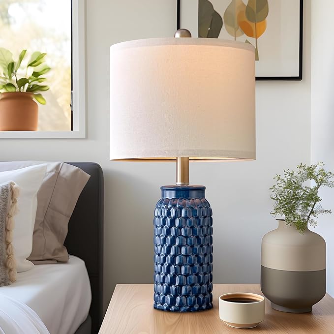 20.5 inches Modern Ceramic Dark Blue Bedside Lamp Set of 2 for Bedroom Decor Farmhouse Table Lamp for Living Room Office Dorm - LeafyLoom