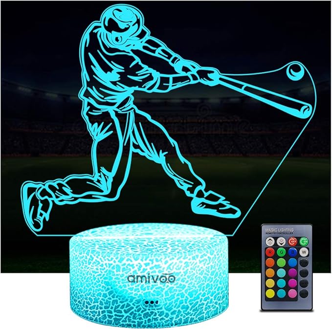 Baseball Night Light for Kids, 16 Colors Changing Baseball Sport Gifts Dimmable Bedside Lamp with Remote Control, Xmas Birthday Gifts for Kids Baseball Fans (Baseball Hitter) - LeafyLoom