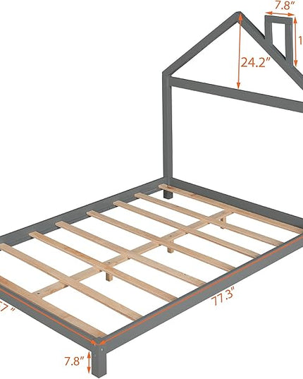 Jintop Full Size Wood Platform House-Shaped Headboard and Chimney,Bedroom Furniture Bed Frame W/ 10 Slat Support,Easy to Install,for Teens Kids Girls Boys,Gray - LeafyLoom