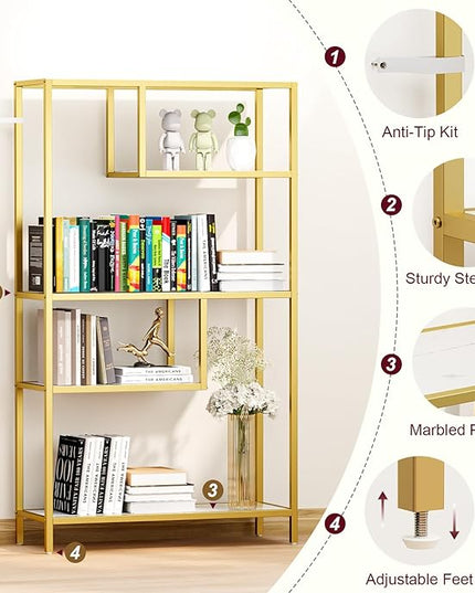 HOME BI Geometric Bookshelf, Tall Modern Etagere Bookcase, Industrial Metal Book Shelf with 5 Open Display Shelves for Office Living Room, Gold and White - LeafyLoom