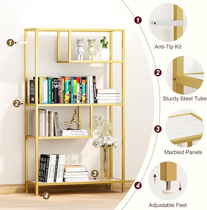 HOME BI Geometric Bookshelf, Tall Modern Etagere Bookcase, Industrial Metal Book Shelf with 5 Open Display Shelves for Office Living Room, Gold and White - LeafyLoom