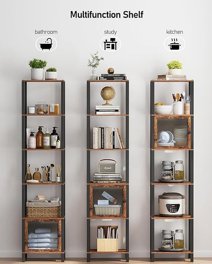 TUTOTAK 6 Tier Bookcase and Bookshelf, Narrow Book shelf with Door for Small Space, for Living Room, Office, Study, Entryway, Brown BS03BB006 - LeafyLoom